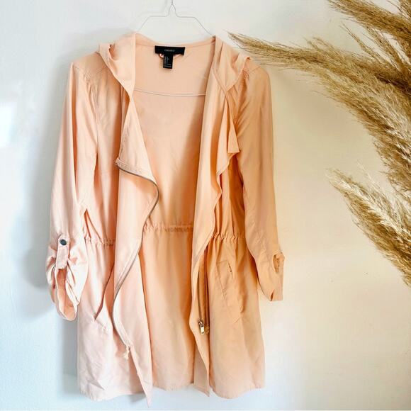 F21 FOREVER 21 Peach Pink Offset Zipper Light Hooded Anorak Trench Coat Jacket L - Picture 5 of 11